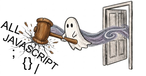 Drawing of William Lupinacci as a ghost destroying some Javascript