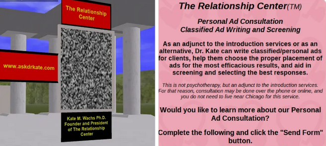 Greek-temple-based advertisement for Kate Wachs’ business, and her website